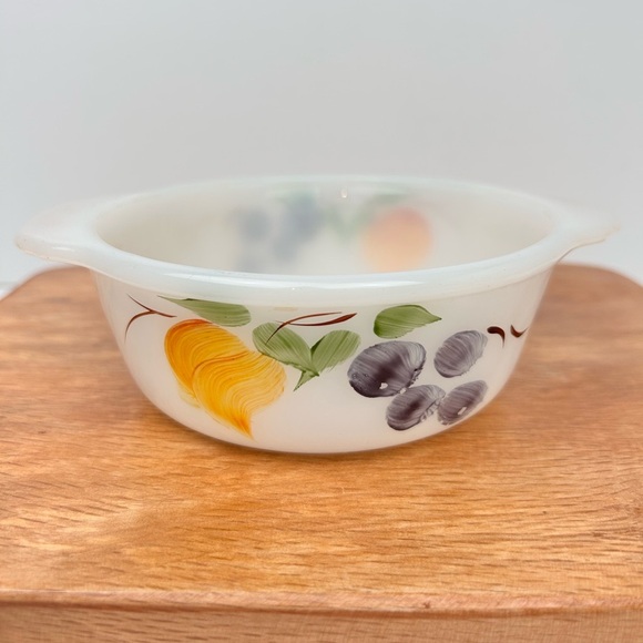 Anchor Hocking Fire King Gay Fad Small milkglass bowl, fruits pattern #445 - Picture 2 of 8